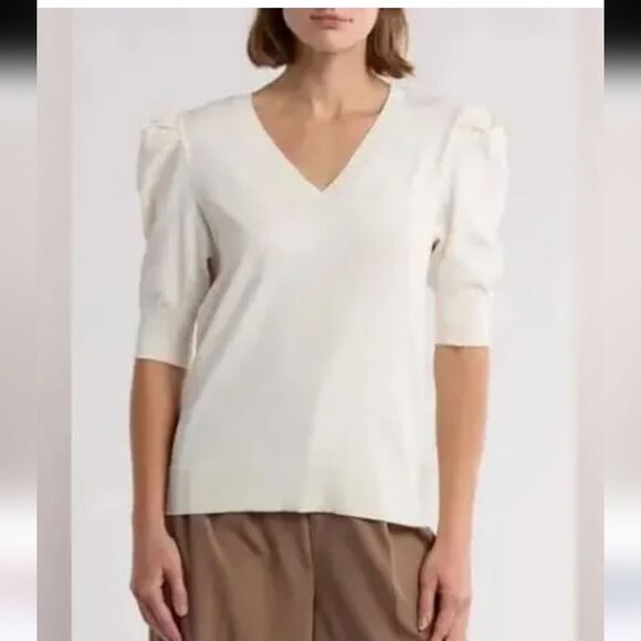 RACHEL Rachel Roy V-Neck Puff Sleeve Sweater in Cream Egret NWT Size Medium - Picture 1 of 5